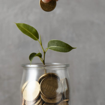 Front View Of Hand Adding Coin To Jar With Plant And Other Coins